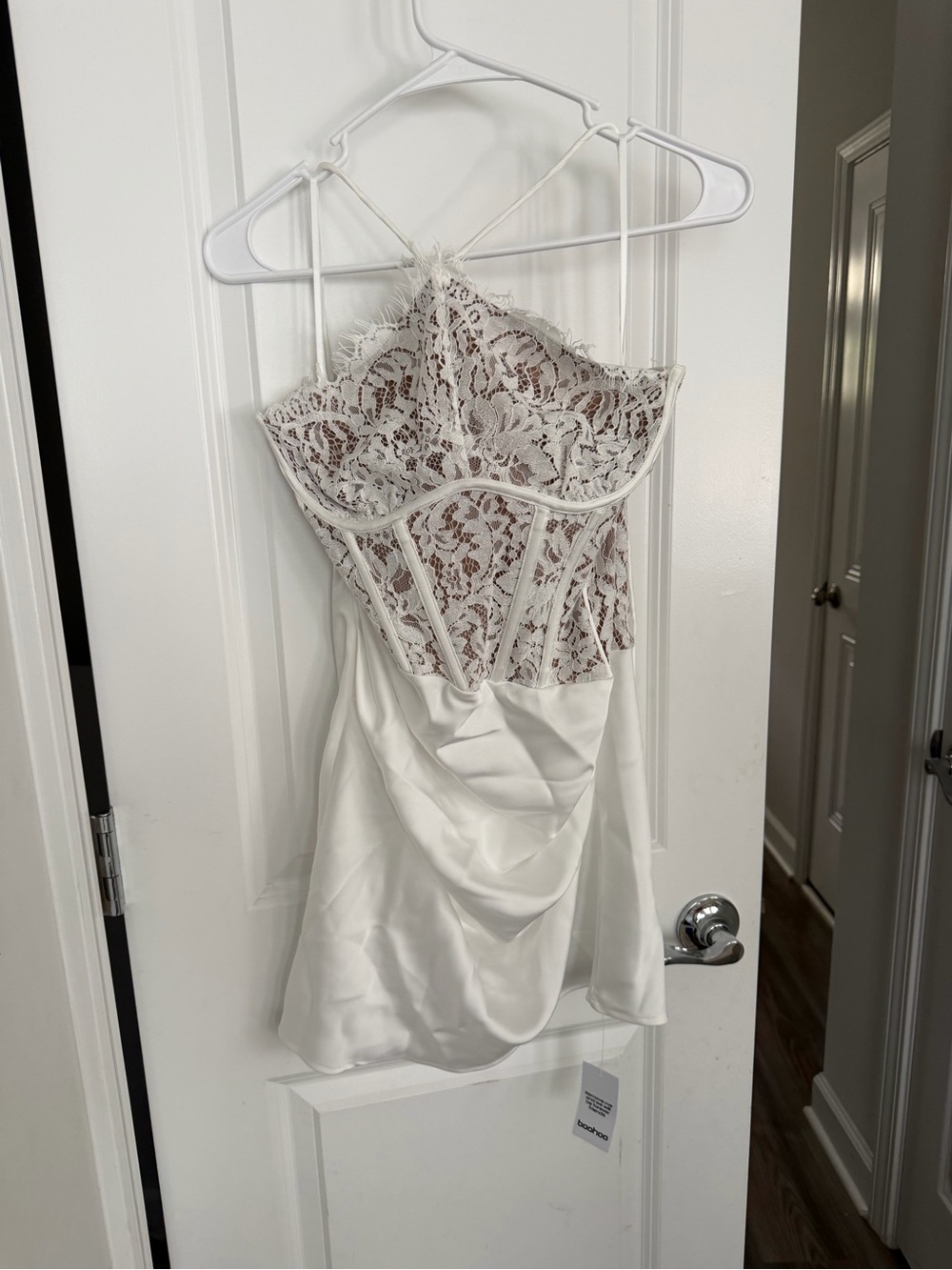 Boohoo White Satin Dress with Lace Detail